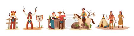 Zeichentrick-Wilder Westen. Sheriff und Cowgirl Charaktere, wollte Outlaw, Saloon-Szene und Indianer Vektor Illustration Set von Cowgirl Charakter und Cowboy