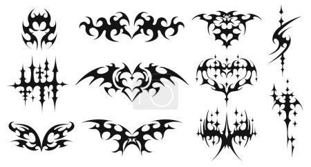 Cyber sigilism shapes. Neo tribal tattoo sharp spikes, y2k butterfly and symmetrical demonic heart for streetwear designs vector set of gothic tattoo, sharp tribal illustration