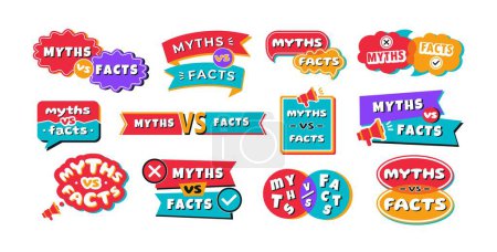 Mitos vs hechos insignias. Mito y hecho burbujas de voz, banderas y marcos geométricos con versus etiqueta. Emblemas vector conjunto de insignia falsa, falsa y mentira, la realidad verdadera ilustración