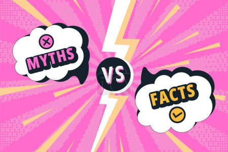 Illustration for Facts versus myths battle. Myth speech bubble and fact frame with vs lightning divider, comic style vector banner of comparison and honest, untrue or fact. Vector illustration - Royalty Free Image