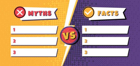 Facts vs myths template. Comparison list of 3 myths and facts with versus symbol and lightning divider. Comic style battle vector background. Illustration of comparison honest, untrue or fact