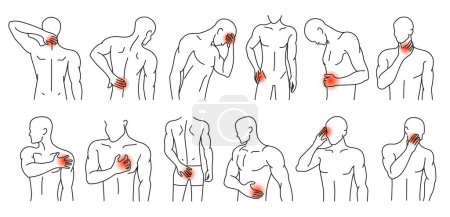 Human body pain spots. Man figures with highlighted areas of pain or discomfort, line art vector illustration set