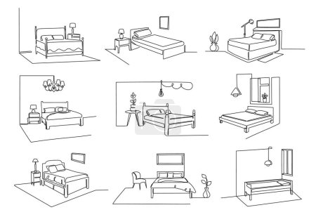 Eine Linie Schlafzimmer Innenräume. Gemütliche Matratzen oder Bettmöbel promo Designs. Minimalistische Zeilenkunst Vektor Illustration Set