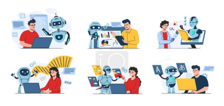 Ai work assistant. Bots helps people with programming, data analytics, scientific research, creative writing, generative art and language learning vector illustration set