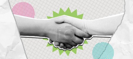 Halfone Handshake Collage. Win-Win-Abkommen, Mixed-Media-Händeschütteln symbolisiert Abkommen, Partnerschaft und Kooperation Vektorillustration