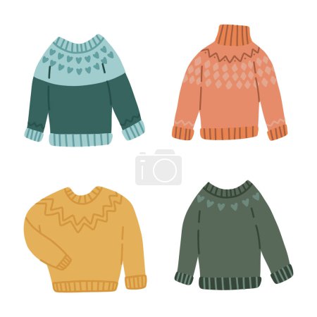 Téléchargez les illustrations : Pull mignon tricoté dessiner à la main set.Cozy vêtements d'hiver. - en licence libre de droit