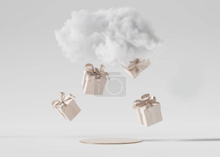 Photo for 3D podium display, background for product presentation. Beige Gift box falling from the cloud . Present  levitating on white backdrop.Gold pedestal showcase. Birthday or Christmas 3D render mockup. - Royalty Free Image