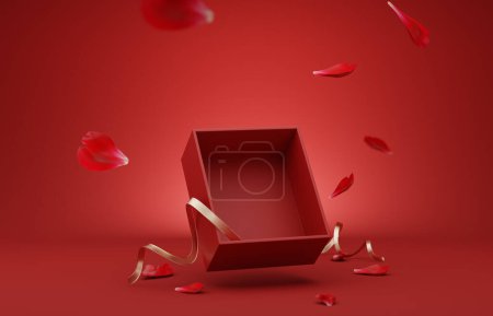 Photo for 3D podium, display, background. Red, surprise, open gift box. Rose flower falling petals. Luxury cosmetic product presentation. Abstract, love, valentines day or woman's day. 3D render birthday mocku - Royalty Free Image