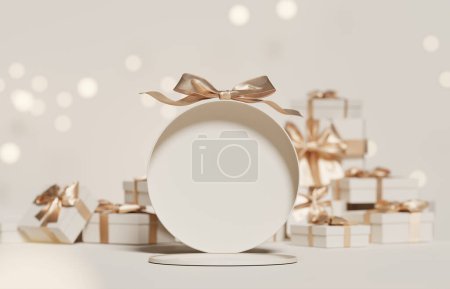 Photo for 3D background gift, open box display for cosmetic product presentation. Present with gold ribbon. Beige, Christmas or birthday, round present Branding banner. 3D render, shopping mockup. - Royalty Free Image