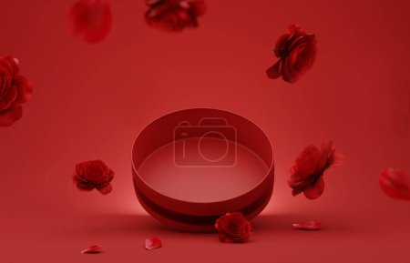 Foto de Podio 3D, pantalla, fondo. Rojo, sorpresa, caja de regalo abierta. Flores de rosa cayendo pétalos. Presentación de productos cosméticos de lujo. Resumen, amor, día de San Valentín o día de la mujer. 3D renderizar mocku cumpleaños - Imagen libre de derechos