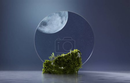 3D Hintergrund Podium Stein Anzeige auf dunkelblauem Wasser. Fels mit Moos. Promotionspodest für kosmetische Produkte mit Himmel und Mond. Natur Nacht Landschaft Schaufenster. Abstraktes minimales 3D-Rendering