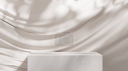 3D display white podium background. Luxury silk cloth in motion. Glamour minimal stone pedestal for nature beauty. Cosmetic product presentation. Feminine copy space, template. Sun shadow. 3d render