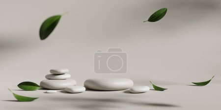 Photo for 3D display podium beige background. Green plant leaf falling. Nature leaves. Minimal beauty stone pedestal. Cosmetic product presentation. Template with sun shadow. Studio 3d render - Royalty Free Image
