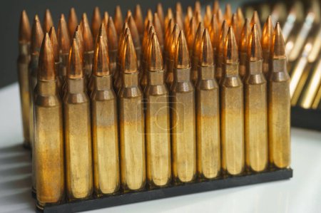 Close-up of ammunition for an assault rifle. Small-caliber ammunition for small arms