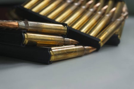 Close-up of ammunition for an assault rifle. Small-caliber ammunition for small arms