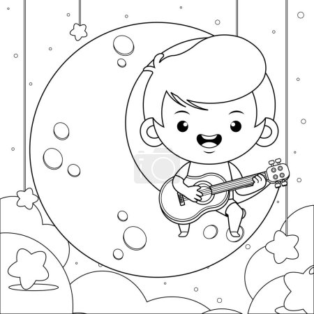 Illustration for Illustration vector graphic of coloring book for kids. Cartoon Cute Boy Sitting Playing Guitar On The Moon. Perfect for children books cover, children book illustration,game illustrations, game asset,animation,etc - Royalty Free Image