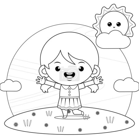 Illustration for Illustration vector graphic of coloring book for kids. Cute Girl Happy Walking Outdoor. Perfect for children books cover, children book illustration,game illustrations, game asset,animation,etc - Royalty Free Image