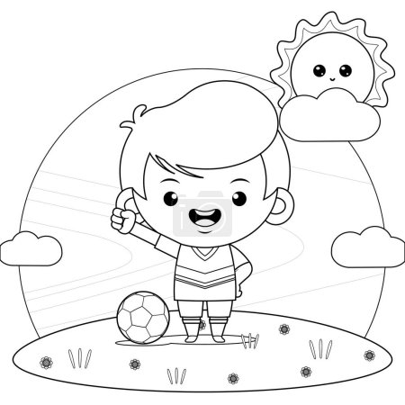 Illustration vector graphic of coloring book for kids. Happy Boy With A Soccer Ball. Perfect for website, children books cover, children book illustration,game illustrations, game asset,animation,etc