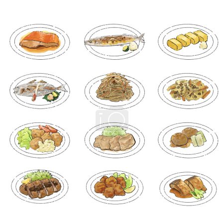 Ensemble d'illustration alimentaire japonais dessiné à la main