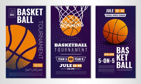 Ilustración vectorial sobre torneo de baloncesto, partido, juego. Uso como publicidad, invitación, bandera, cartel