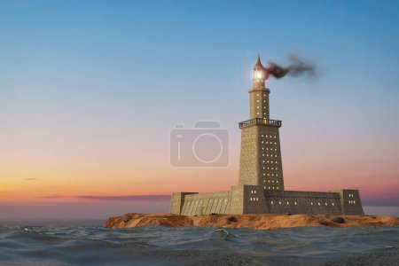 Visualización 3D del Faro de Alejandría en la isla Pharos - una de las Siete Maravillas del Mundo Antiguo (representación 3d)