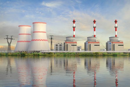 Nuclear power plant with cooling towers and several reactor blocks reflecting in water - 3d rendering