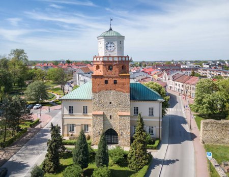 Wielun, Poland. Aerial view of Krakow Gate (Brama Krakowska) and City Hall (Ratusz Miejski)