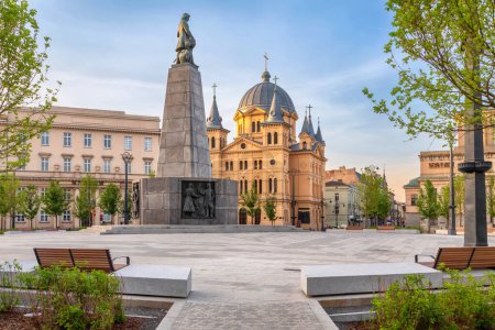 Lodz, Poland. View of Plac Wolnosci (Liberty square) with monument to Tadeusz Kosciuszko