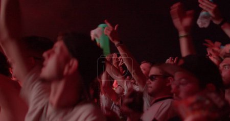 Foto de The hands of the audience on the dance floor festival. She rejoice at the beginning of the track, start jumping. Flashing lights, strobe atmosphere. Soft focus. CZ, Milovice, 6.8.22 Let it Roll - Imagen libre de derechos