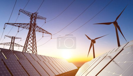 Elektrownia fotowoltaiczna i turbiny wiatrowe w tle podczas zachodu słońca. Koncepcja energii odnawialnej. 3D ilustracja renderowana.