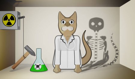 Illustration der Shroedinger Katze im Karton mit Gift. Quantentheorie und Physik-Konzept.