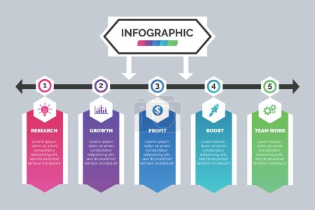 Visualisation infographique et icônes d'affaires. Concept avec 5 options, étapes, processus de présentation, mise en page, diagramme graphique, rapport anual