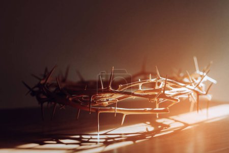 Téléchargez les photos : La couronne d'épines de Jésus sur fond noir contre la lumière de la fenêtre avec espace de copie, peut être utilisé pour le fond chrétien, concept de Pâques - en image libre de droit