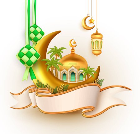 Illustration for 3d vector mosque, crescent moon, ketupat, lanterns and palm trees united by ribbon as beautiful decoration for ramadan mubarak and eid al fitr - Royalty Free Image