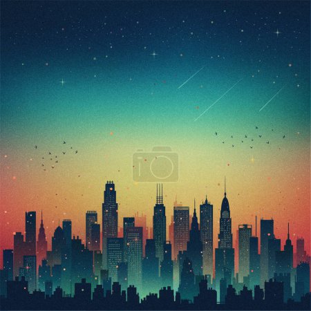 Illustration for Futuristic city with lots of tall buildings with grainy gradient background vector - Royalty Free Image