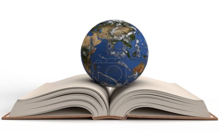 Photo for Open book earth world planet global map symbol world book read day education study knowledge library page paper information document literature international learning colleague bookstore culture - Royalty Free Image