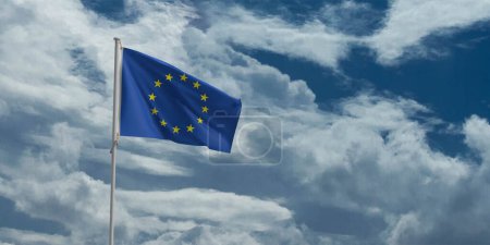 Photo for Europe day flag blue star yellow texture background pattern surface blue sky cloudy white symbol decoration copy space eu european country union emblem international government politic community - Royalty Free Image
