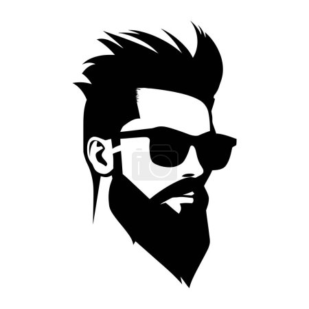 Ilustración de Silueta negra de pelo y barba Hipster. Concepto de moda. Logo en blanco y negro o silueta de una cara de hombre con barba y gafas. Ilustración vectorial - Imagen libre de derechos