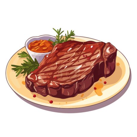 Téléchargez les illustrations : Viande grillée isolée sur fond blanc.. Steak frit. Un steak de boeuf. Steak de porc. Illustration vectorielle. IA générée - en licence libre de droit