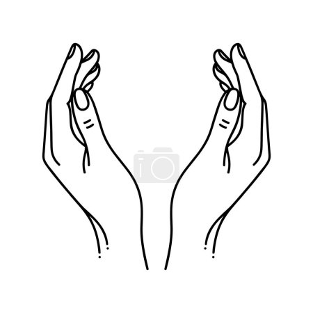 Téléchargez les illustrations : Silhouette des mains et icône de feuille. Un emblème minimaliste des mains autour d'une feuille germée. Concept de protection et de croissance de l'environnement. - en licence libre de droit