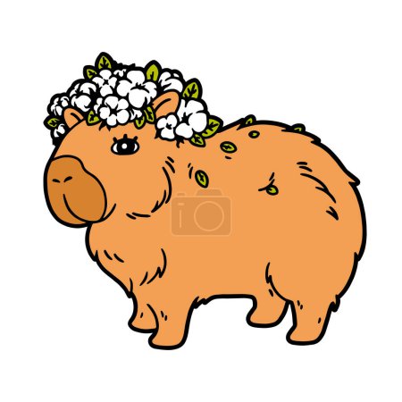 Illustration for Cartoon capybara with flowers icon. Cute illustration featuring a capybara adorned with a wreath of white flowers. Vector illustration - Royalty Free Image