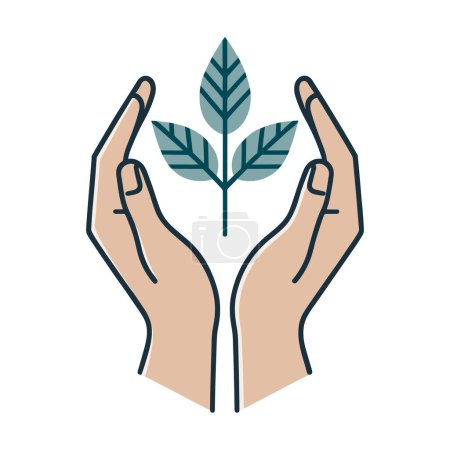 Photo for Silhouette of hands and leaf icon. A minimalist emblem of hands around a sprouting leaf. Concept of environmental care and growth. - Royalty Free Image