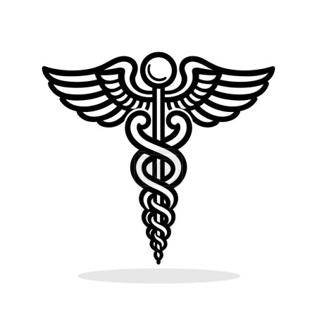 Icône symbole médical Caduceus. Image du symbole traditionnel associé à la médecine et aux soins de santé, avec deux serpents enroulés autour d'un bâton ailé. Illustration vectorielle