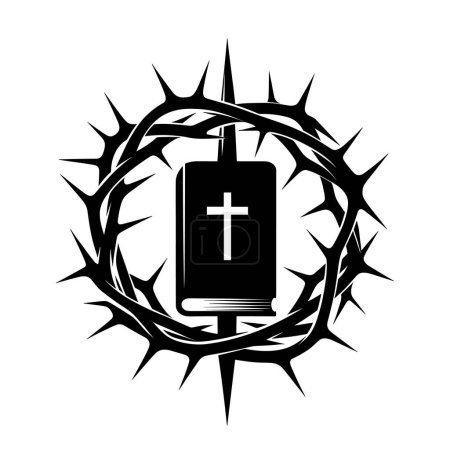 Téléchargez les illustrations : Symbole religieux. Silhouette noire d'une Bible avec une croix entourée d'un cercle d'une couronne d'épines. Illustration vectorielle. - en licence libre de droit
