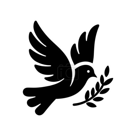 Illustration for Dove icon. Black silhouette of a dove in flight carrying an olive branch on a white background. Peace symbol. Religious icon. Vector illustration. - Royalty Free Image