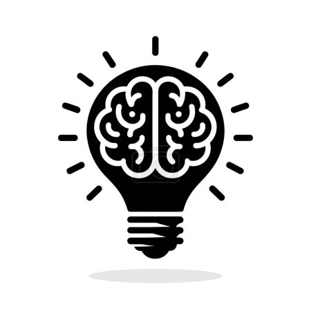 Gehirn in Glühbirnen-Silhouette mit Strahlen auf weißem Hintergrund. Symbol für Kreativität und kreative Idee. Bildungskonzept. Vektorillustration