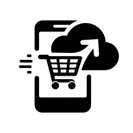 Photo for Online shopping icon. Simple black mobile phone with a shopping cart icon on the screen. Concept of mobile commerce and online shopping apps - Royalty Free Image