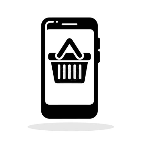 Photo for Online shopping icon. Simple black mobile phone with a shopping basket icon on the screen. Concept of mobile commerce and online shopping apps. - Royalty Free Image