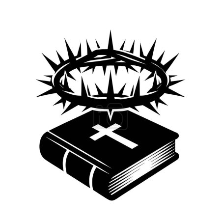 Téléchargez les illustrations : Symbole religieux. Silhouette noire d'une Bible avec une croix et une couronne d'épines. Illustration vectorielle. - en licence libre de droit