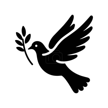 Photo for Dove icon. Black silhouette of a dove in flight carrying an olive branch on a white background. Peace symbol. Religious icon. Vector illustration. - Royalty Free Image